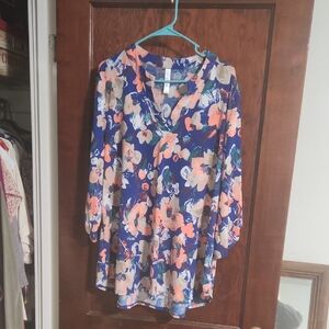 Elegant Floral Blouse - Blue and Orange